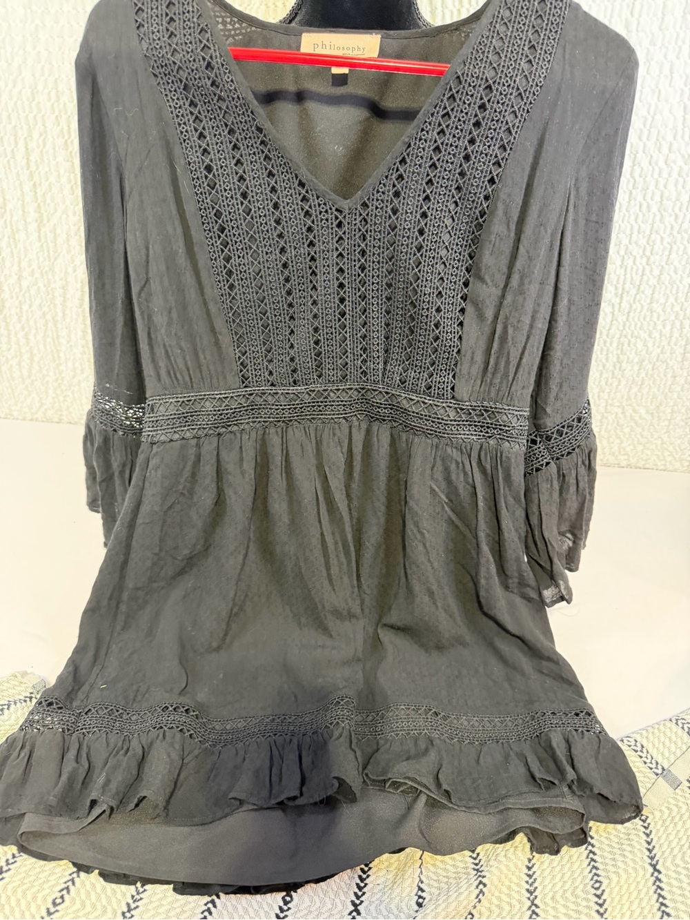 Philosophy Black V-Neck Crochet-Trim Tunic
